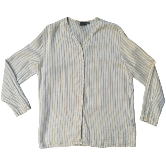🤍 Calvin Klein Linen Stripe Button-Front Shirt | Size S | Made‎ in Hong Kong - Picture 2 of 6